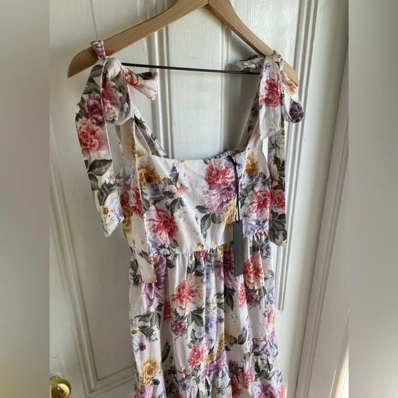 House of Harlow 1960 Dress Floral Linen Tier Bow Tie Shoulders Sz M - Picture 9 of 16